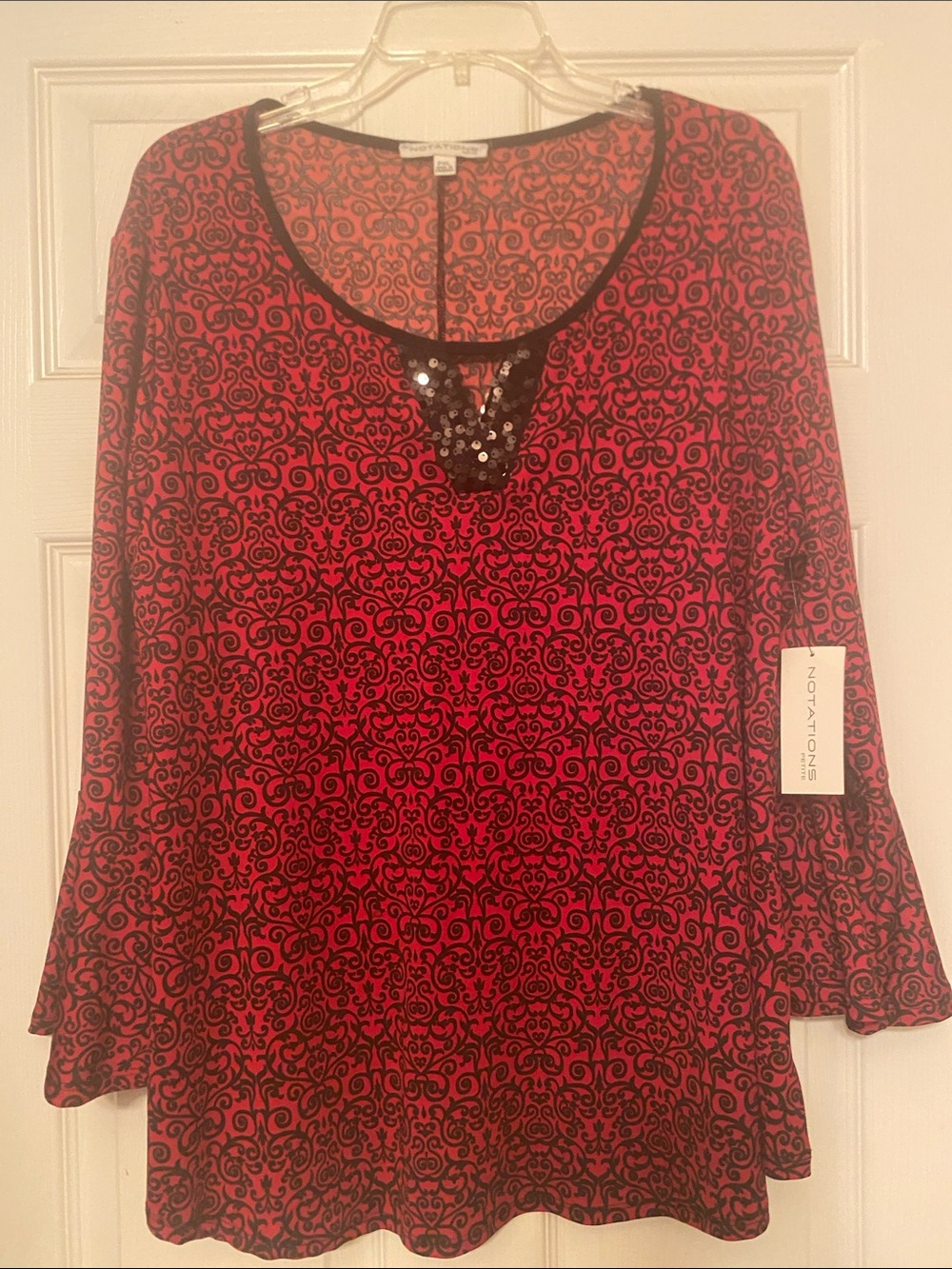 Notations Red and Black Sequin-Accent Long Sleeve Tunic